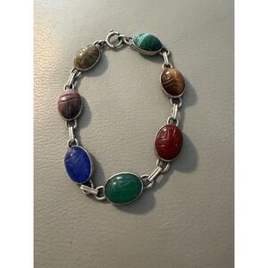 WRE Bracelet Scarab Sterling Silver Chain 7 Semi Precious Gemstone USA 70s #594